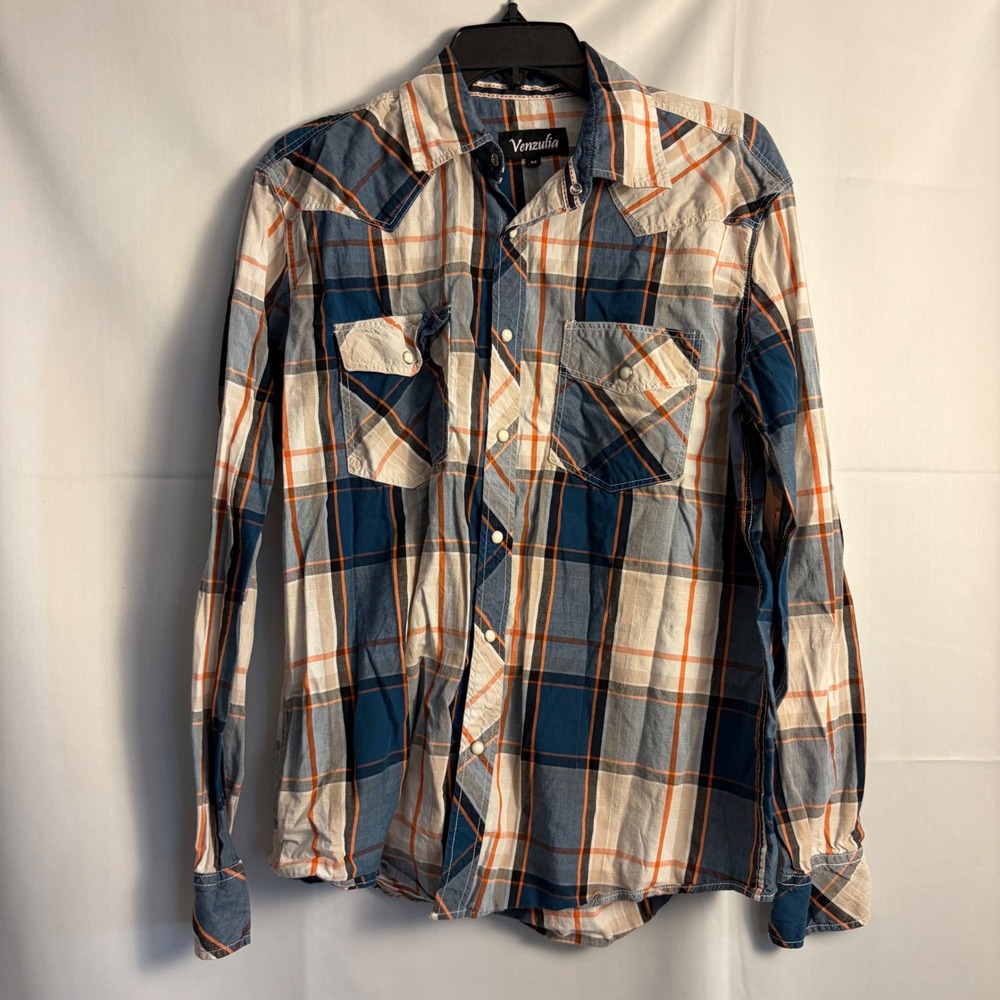 Venzulia Mens Plaid Western Pearl Snap Shirt Blue Orange Cotton Long Sleeve M